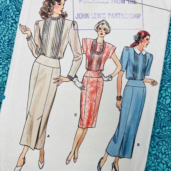 Bust 34" Vintage 80s Vogue Sewing Pattern 9808, Ladies Dress, Blouson Dress, Panel Skirt, Pintuck, Tuck Detail, Pleated, Blouse Dress, 12