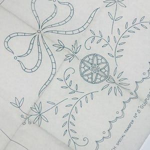 Vintage broderiöverföring av Old Bleach, guipuredesign för temössa, rosett, utskärningar, spetsmotiv