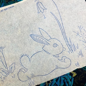 Ancla vintage de los años 40, bordado a mano, transferencia de plancha caliente n.° 243, diseño de conejo de dibujos animados retro para habitación de bebé, cojín, etc., ropa infantil.
