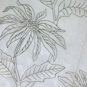 Poinsettia Vintage Iron-on Embroidery Transfer by Deightons, Poinsettia Christmas Flower 20&quot; Botanical Design Silver Ink Hot Iron Transfer
