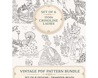 1930s Crinoline Lady Hand Embroidery Pattern Bundle (Set of 6) – Vintage Transfer-Ready PDF Line Art Designs, Instant Download