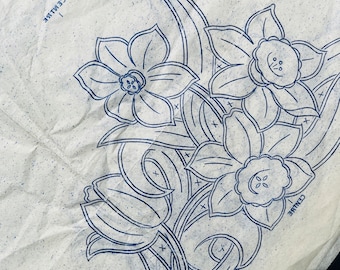 Vintage Hand Embroidery Transfer, Old Bleach Spring Glory 45" Cloth 2, Cutwork Spring Flowers, Daffodils, Tulips