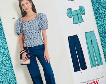 May include: A sewing pattern from New Look, featuring a woman wearing a blue floral top and wide-leg jeans. The pattern includes illustrations of the top and pants, with the text "NEWLOOK" and "K6678" visible. The size range is U.S. 6-18.