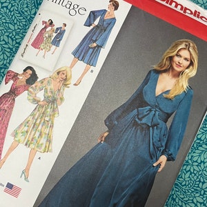 Bust 30.5-35&quot; Uncut 70s Vintage Reproduction Sewing Pattern by Simplicity 8013, Boho Glam Volume Sleeve Wrap Dress, Full Length or Midi