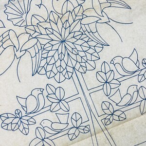 May include: A beige paper sheet featuring a dark blue line art illustration of a large central flower surrounded by several birds perched on branches with leaves. The design is symmetrical and composed of clean, geometric outlines.