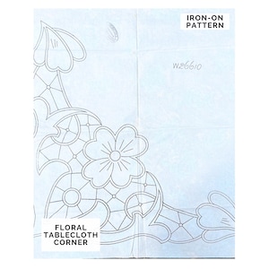 Large 20" Floral Whitework Corner Hand Embroidery Design for Tablecloth, Vintage Iron-on Transfer by Deightons