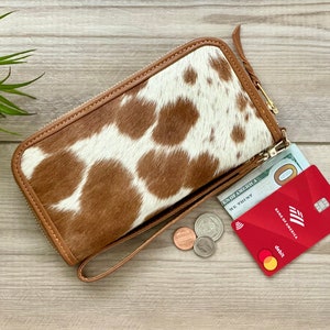 Western Cowhide Zip Wallet for Women Tan Leather