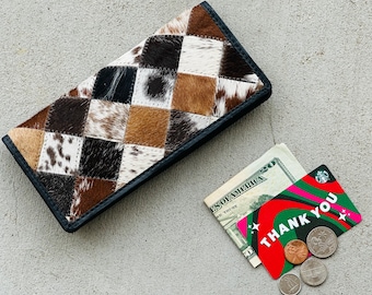 Cartera plegable de piel de vacuno con patchwork - Cartera fina de piel estilo western
