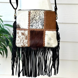 Western Genuine Cowhide Leather Crossbody Purse Bag Handbag with Patchwork and Fringes Rodeo Cowgirl Gifts for Her
