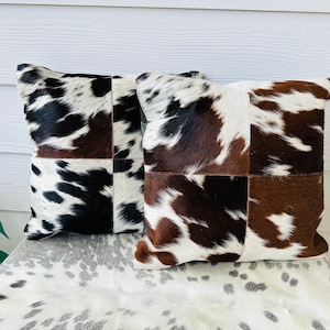 Cowhide Pillow Cover Set: Tricolor Hair-on-Hide, Western Decor (16&quot;x16&quot;)
