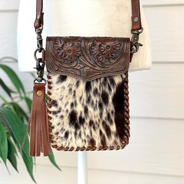 Western Cowhide Crossbody Bag Purse Cell Phone Smart Phone Wallet Tooled Leather Dark Brown | Gifts for Her