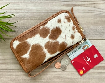 Western Cowhide Rodeo Wallet - Genuine Leather Tan Zip Wallet Wristlet Clutch