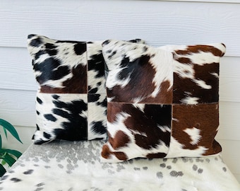 Set kussenslopen van koeienhuid: driekleurig haar-op-huid, westers decor (16 x 16 inch)