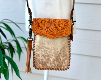 Cowhide Crossbody Purse Cell Phone Smart Phone Wallet Western Bag Tooled Leather | Gift Ideas for Her