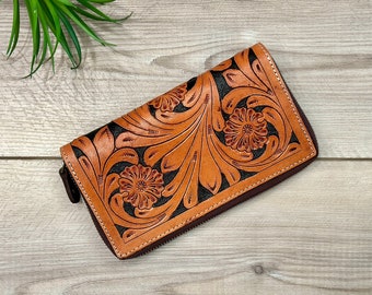Cartera de piel repujada con cremallera / Cartera de mano con estampado floral estilo western, tarjetero