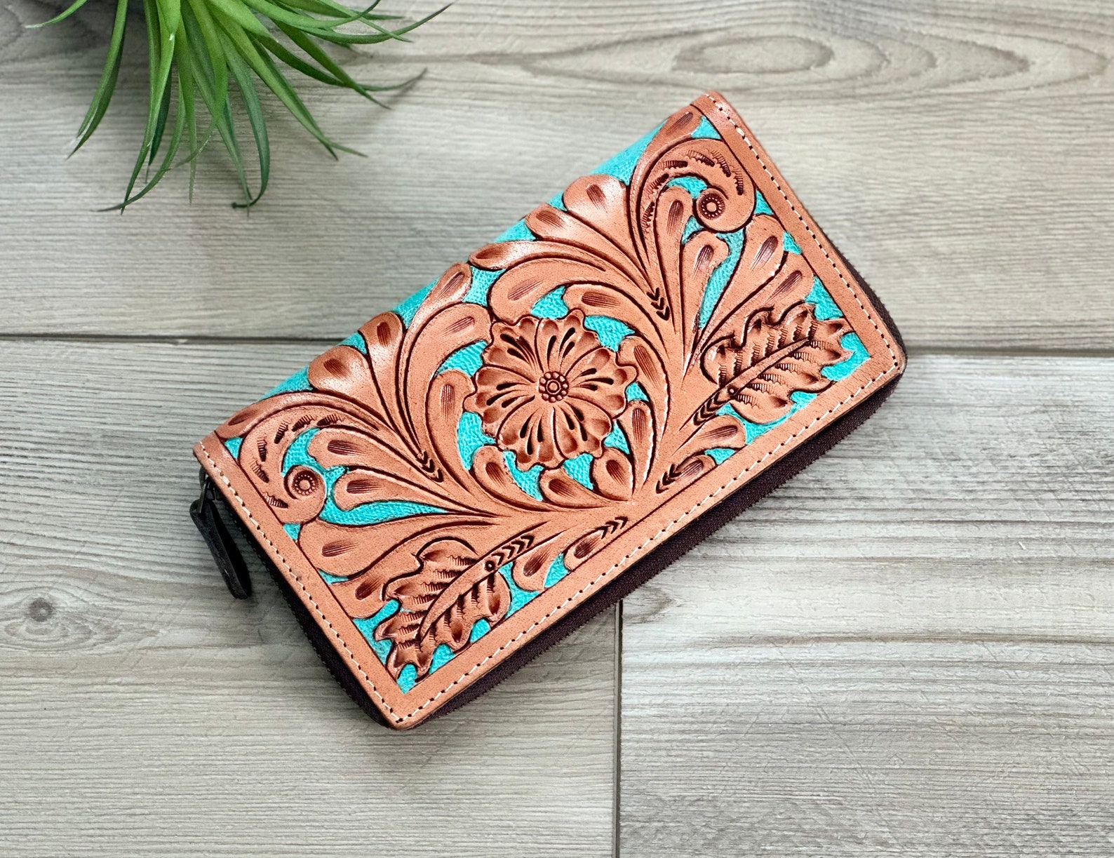 Tooled Leather Western Wallet for Women Zip Continental Purse Etsy