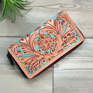 Tooled Leather Western Wallet for Women Zip Continental Purse Clutch Card Case Turquoise Brown| Gifts for Her