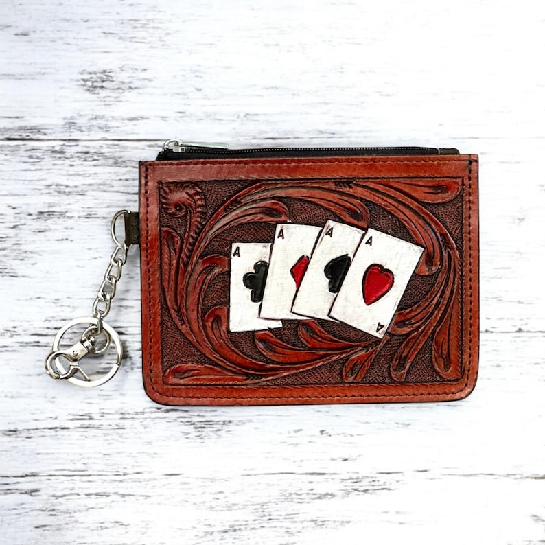 Western Tooled Leather Wallet Aces Credit Card Holder Case Change Coin Purse Keychain Gifts for Her