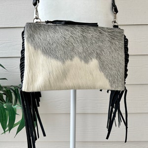 Cowhide Crossbody Purse with Fringes Western Handbag Clutch Gray Black Leather | Gifts for Her