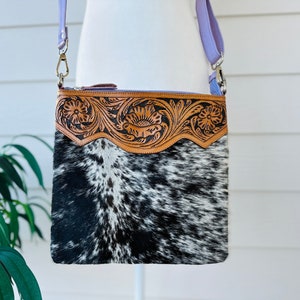 Cowhide Crossbody Purse Tooled Leather Clutch Messenger Bag Western Handbag  Brown Lavender Real Cow Print | Gifts for Her