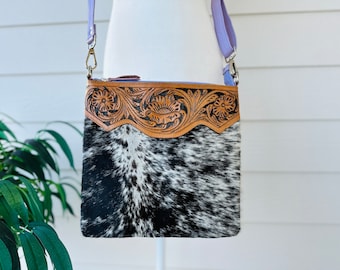 Cowhide Crossbody Purse Tooled Leather Clutch Messenger Bag Western Handbag  Brown Lavender Real Cow Print | Gifts for Her