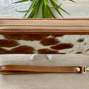 Western Cowhide Zip Wallet for Women Tan Leather