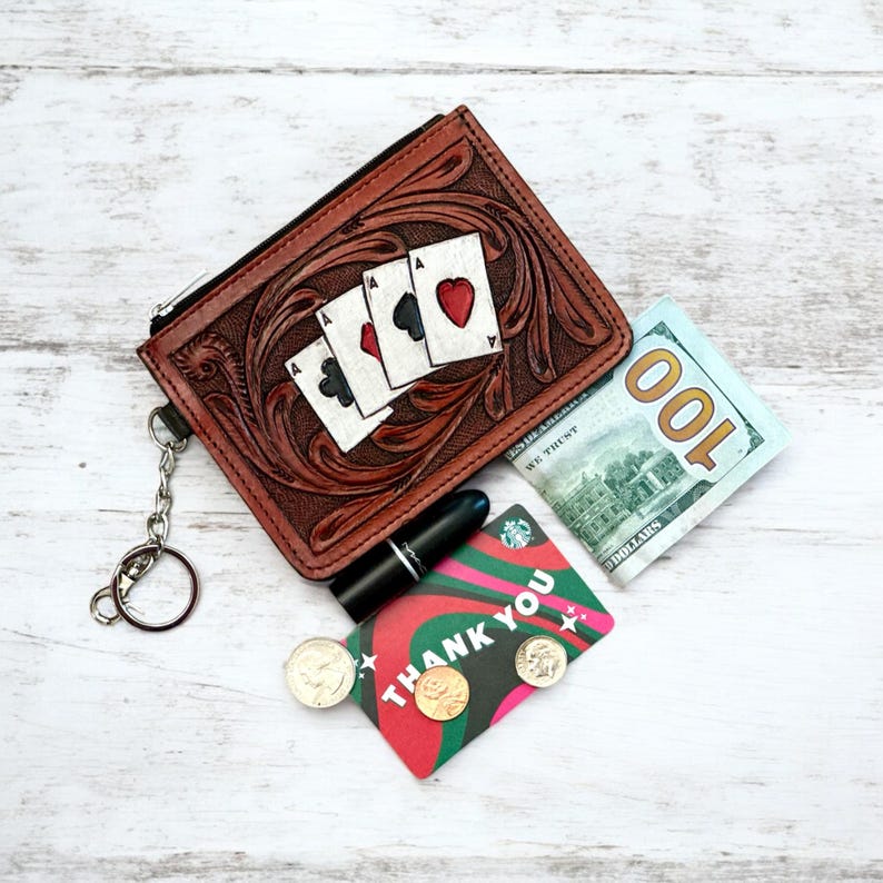 Western Tooled Leather Wallet Aces Credit Card Holder Case Change Coin Purse Keychain Gifts for Her