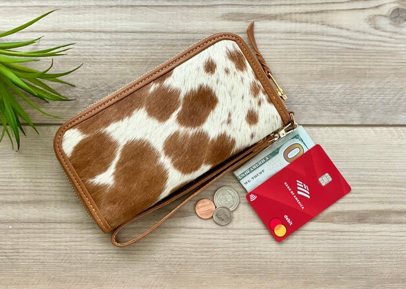 Western Cowhide Zip Wallet for Women Tan Leather