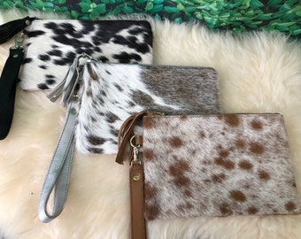 Real Cowhide Leather Wristlet Clutch Purse Wallet Handbag Black Brown Double Sided 8.5"x5.5" Gifts Assorted Colors Pack of 3