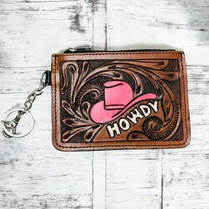Western Tooled Leather Wallet Howdy Cowgirl Hat Credit Card Holder Case Change Coin Purse Keychain Gifts for Her
