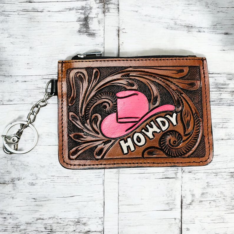 Western Tooled Leather Wallet Howdy Cowgirl Hat Credit Card Holder Case Change Coin Purse Keychain Gifts for Her