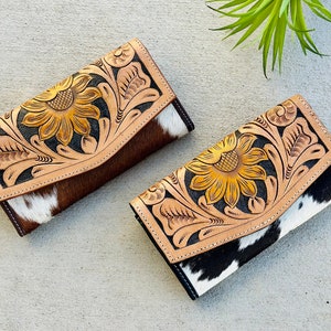 Portefeuille à Rabat en Cuir de Vachette pour Femme Porte-Monnaie en Cuir Retouché Pochette pour Cartes Western | Cadeaux pour elle