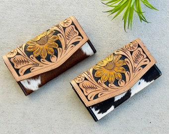 Cowhide Flap Wallet for Women Tooled Leather Purse Clutch Card Phone Case Western | Gifts for Her