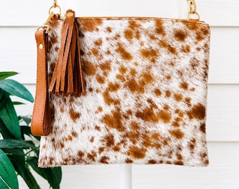 Real Cowhide Crossbody Bag | Tan Leather Western Purse, Wristlet Clutch