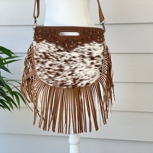 Cowhide Crossbody Purse Handbag Clutch with Fringe Messenger Real Cow Skin Fur Western Tooled Leather Gifts for Her