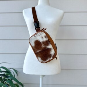 Cowhide Leather Fanny Pack Sling Bag Crossbody Belt Bag Bum Bag Real Cow Hide Print | Gifts for her