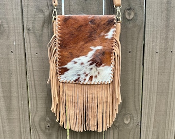 Cowhide Leather Crossbody Bag with Fringes: Western Rodeo Handbag