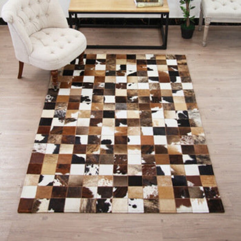 Large Cowhide Rug Patchwork Tricolor Rectangle Area Rug Etsy
