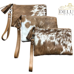 Cartera de mano estilo rodeo de piel de vaca, estilo western, con pelo real sobre piel de vaca, color marrón tostado, para regalar a una vaquera