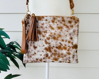 Real Cowhide Crossbody Bag Rodeo Purse Tan Leather Western Wristlet Handbag Clutch | Gifts for her