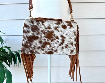 Cowhide Crossbody Purse with Fringes Western Handbag Clutch Brown Tan Leather | Gifts for Her