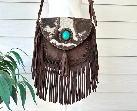 Cowhide Leather Crossbody Purse: Turquoise & Fringe Western Handbag