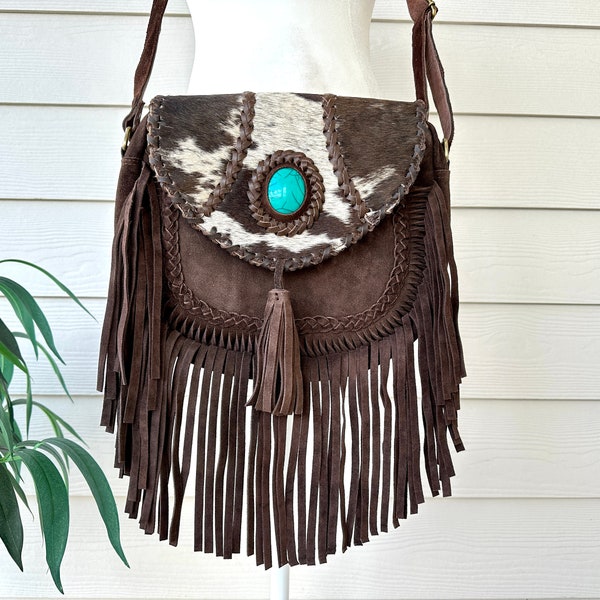 Cowhide Crossbody Bag with Fringes Western Purse Turquoise Handbag Clutch Brown Leather | Real Hair on Cow Hide | Gifts for Her