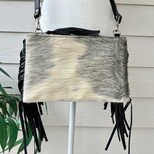 Cowhide Crossbody Purse with Fringes Western Handbag Clutch Gray Black Leather | Gifts for Her