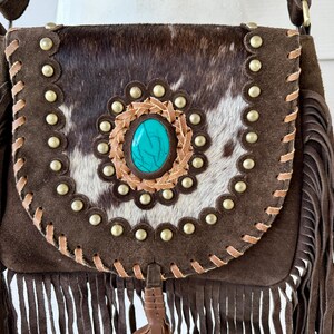 Cowhide Bag Rodeo Crossbody Purse Turquoise & Fringe Western Handbag