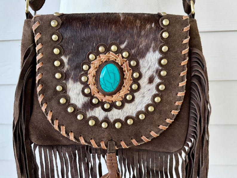 Cowhide Bag Rodeo Crossbody Purse Turquoise & Fringe Western Handbag