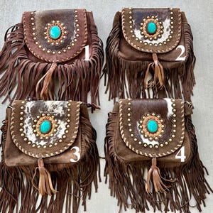 Cowhide Bag Rodeo Crossbody Purse Turquoise & Fringe Western Handbag