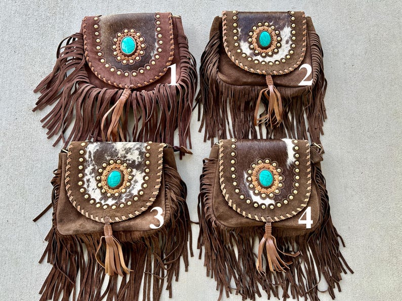 Cowhide Bag Rodeo Crossbody Purse Turquoise & Fringe Western Handbag