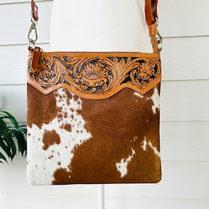 Cowhide Crossbody Purse Tooled Leather Messenger Bag Western Handbag Tan Brown | Gifts for Her