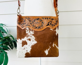 Sac à main bandoulière en cuir de vachette Sac messager en cuir grainé Sac à main western Marron havane | Cadeaux pour elle